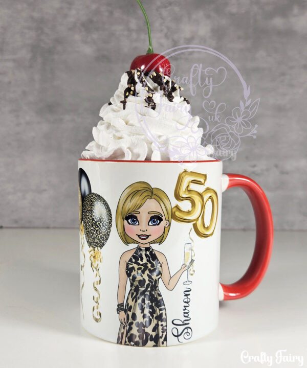 personalised birthday mug gift for lady in leopard print dress