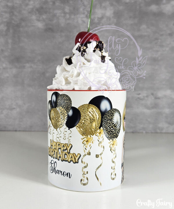 personalised birthday mug gift for lady in leopard print dress