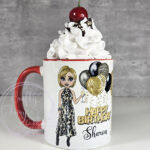 personalised birthday mug gift for lady in leopard print dress