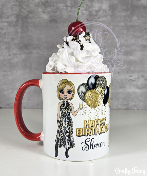 personalised birthday mug gift for lady in leopard print dress