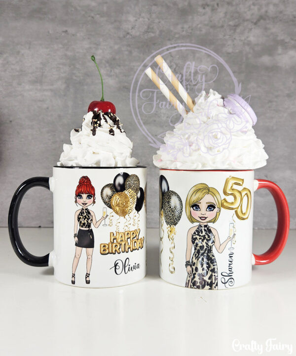personalised birthday mug gift for lady in leopard print dress