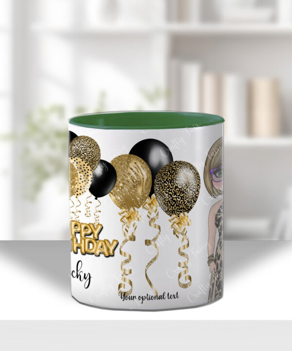 personalised birthday mug gift for lady in leopard print dress