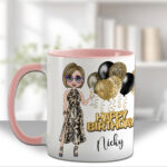 personalised birthday mug gift for lady in leopard print dress