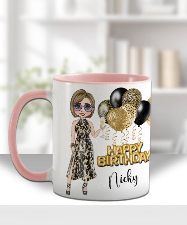 personalised birthday mug gift for lady in leopard print dress