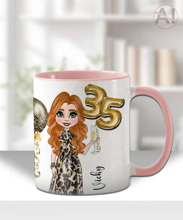 personalised birthday mug gift for lady in leopard print dress