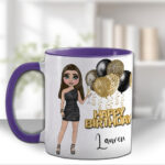 personalised birthday mug gift for lady in black mini dress