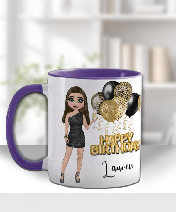 personalised birthday mug gift for lady in black mini dress