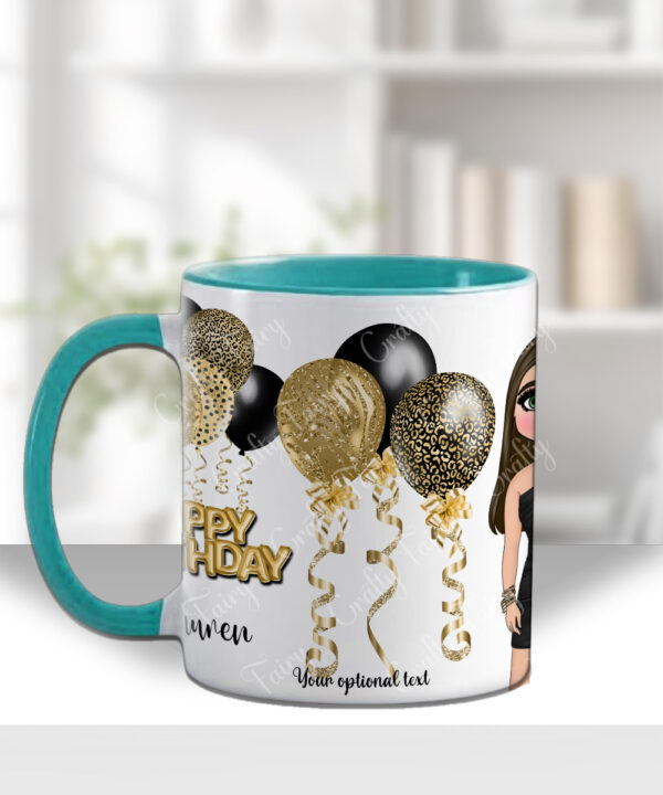 personalised birthday mug gift for lady in black mini dress