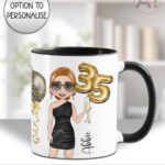 personalised birthday mug gift for lady in black mini dress