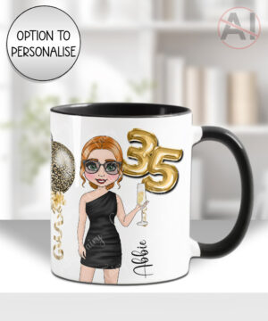 personalised birthday mug gift for lady in black mini dress