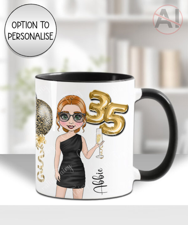 personalised birthday mug gift for lady in black mini dress