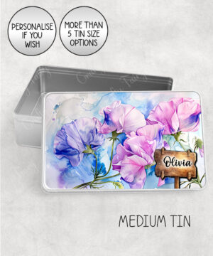 personalised sweet pea flowers print keepsake rectangular tin