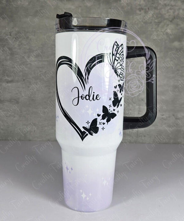 personalised butterfly hearts on purple splash large 40oz stanley style tumbler cup