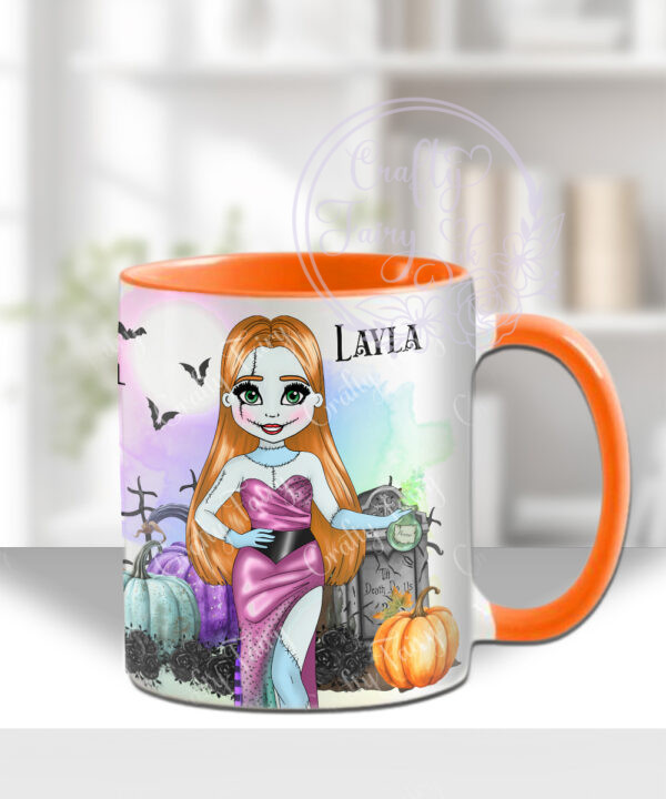 personalised stitched up sally lady halloween mug gift
