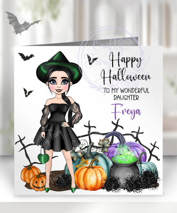 personalised ella pumpkin wicked witch happy halloween card