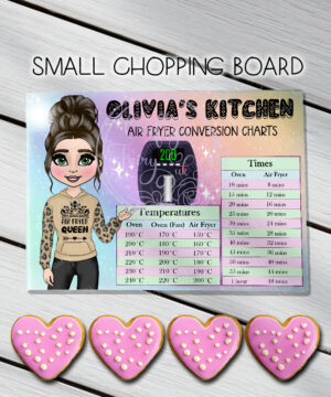 personalised air fryer queen lady with conversion chart glass chopping board or worktop protector small 20x28cm