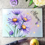 Personalised Purple Asters Glass Chopping Board
