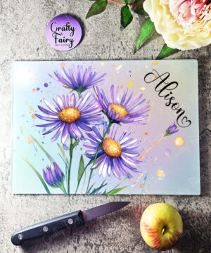 Personalised Purple Asters Glass Chopping Board