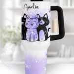 personalised quirky cats on purple splash large 40oz stanley style tumbler cup