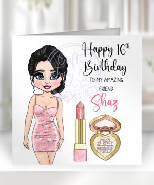 personalised love makeup lady & pink cosmetics birthday card v3