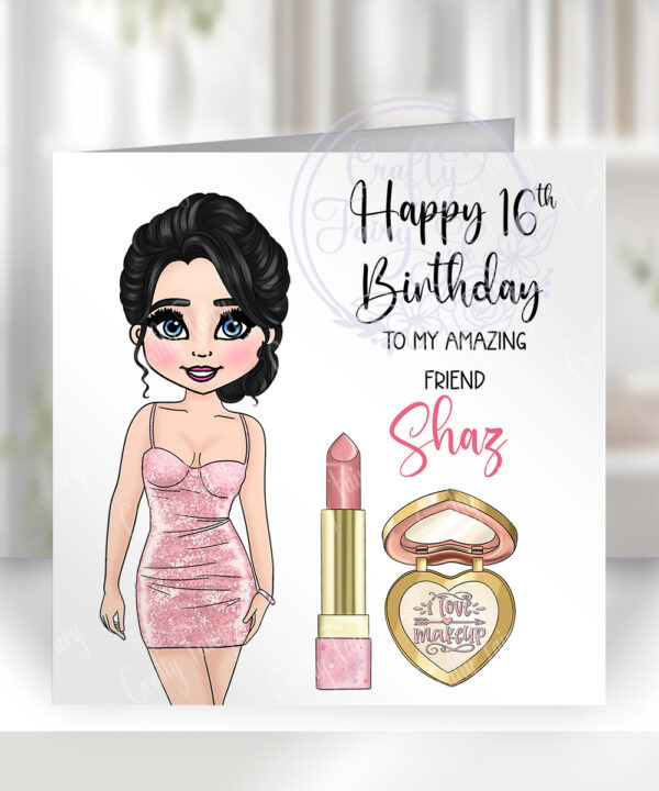 personalised love makeup lady & pink cosmetics birthday card v3