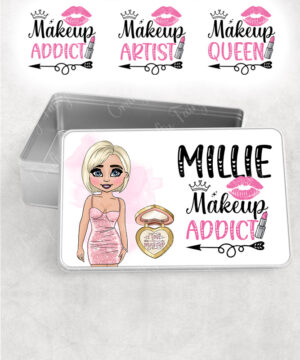 personalised love makeup lady & pink cosmetics rectangular medium tin