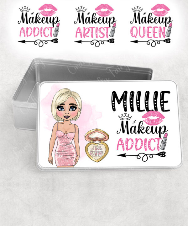 personalised love makeup lady & pink cosmetics rectangular medium tin