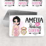 personalised love makeup lady & pink cosmetics rectangular medium tin