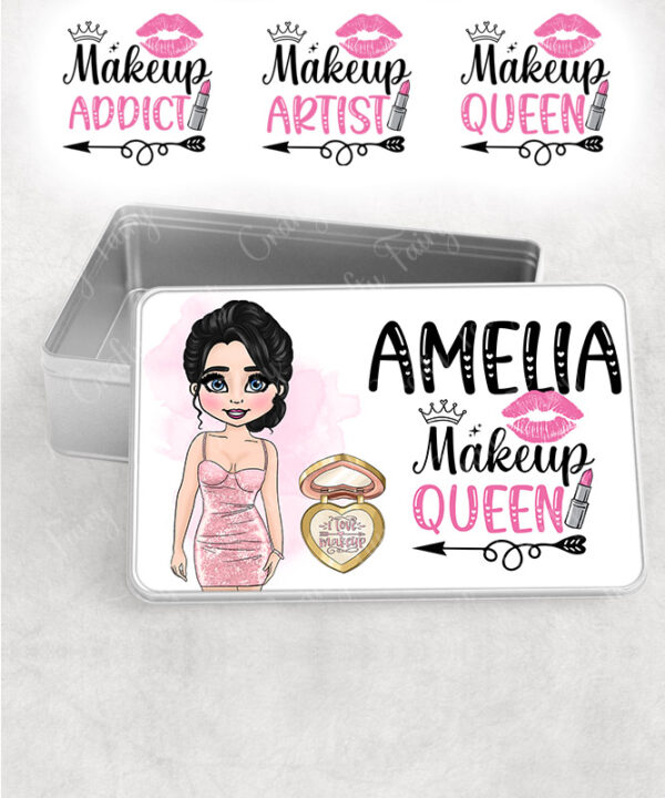 personalised love makeup lady & pink cosmetics rectangular medium tin