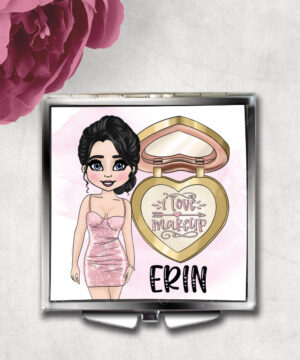 personalised love makeup lady & pink cosmetics slim silver square compact mirror gift