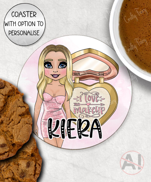 personalised love makeup lady & pink cosmetics coaster gift