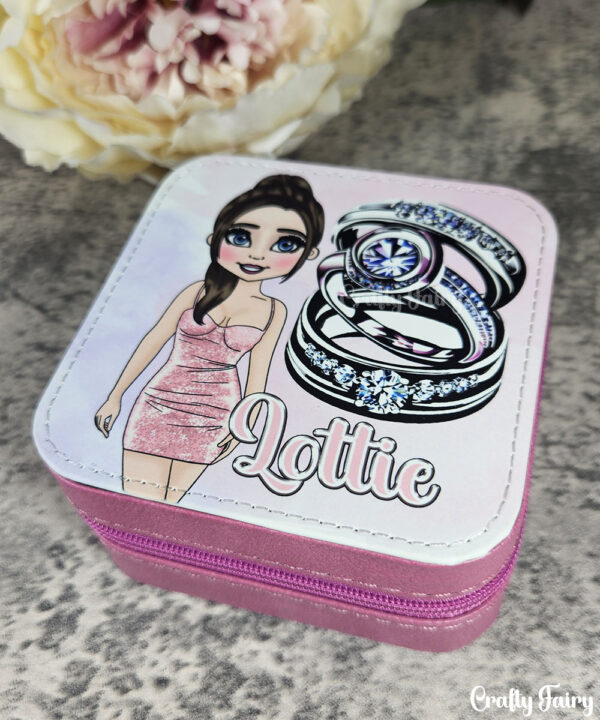 Personalised Lady in Pink Dress Pink Faux Leather Travel Jewellery Box