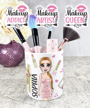 personalised love makeup lady & pink cosmetics pen or brush pot