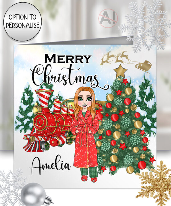 personalised red polar express train & lady christmas card