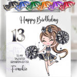 personalised glittery whimsical cheerleader girl birthday card v2