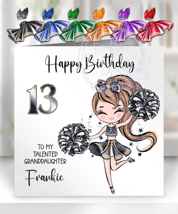 personalised glittery whimsical cheerleader girl birthday card v2