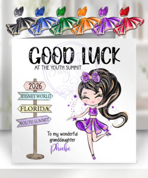personalised glittery whimsical cheerleader girl international competitions good luck card v2