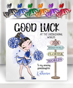 personalised glittery whimsical cheerleader girl international competitions good luck card v3