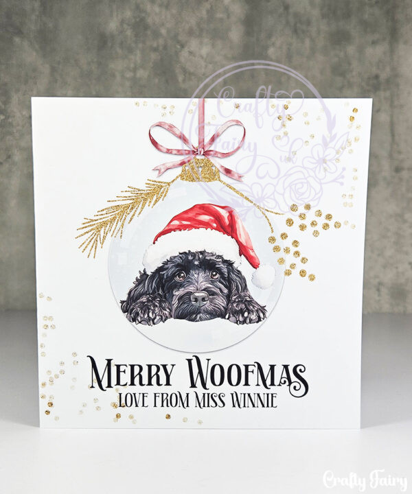personalised dog in santa hat bauble merry christmas card