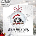 personalised dog in santa hat bauble christmas card lots of dog breeds