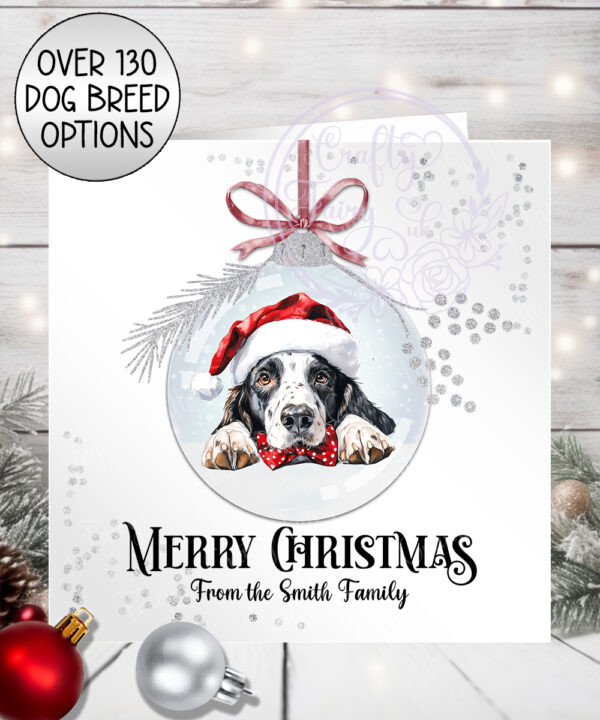personalised dog in santa hat bauble christmas card lots of dog breeds