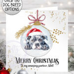 personalised dog in santa hat bauble christmas card lots of dog breeds