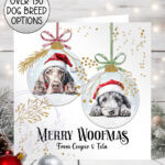 personalised two dogs in santa hats baubles christmas card lots of dog breeds