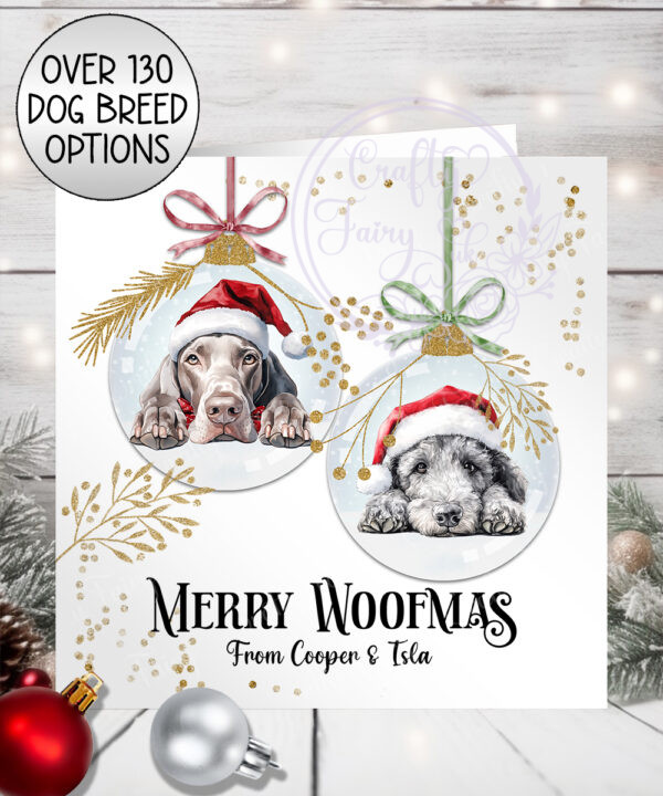 personalised two dogs in santa hats baubles christmas card lots of dog breeds