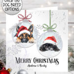 personalised two dogs in santa hats baubles christmas card lots of dog breeds