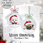 personalised two dogs in santa hats baubles christmas card lots of dog breeds