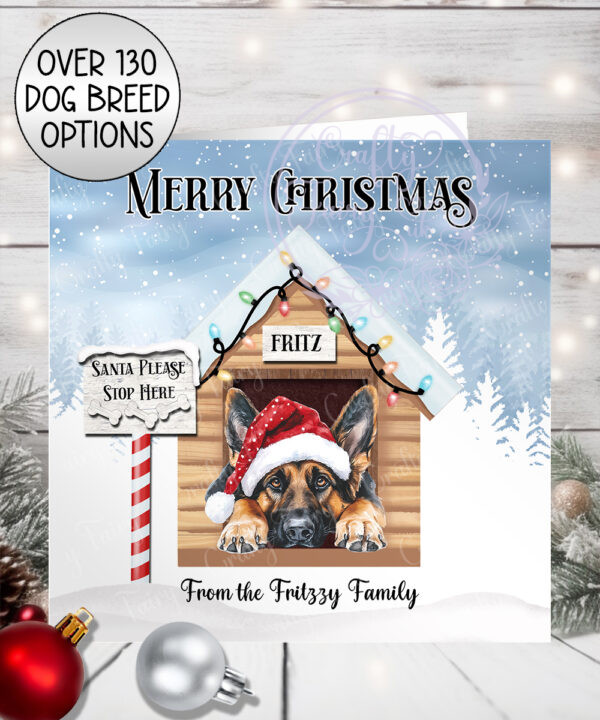 personalised dog in santa hat in kennel christmas card lots of dog breeds