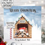personalised dog in santa hat in kennel christmas card lots of dog breeds