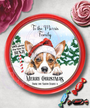 Personalised Dog in Santa Hat Christmas Chocolate Tub LABEL ONLY