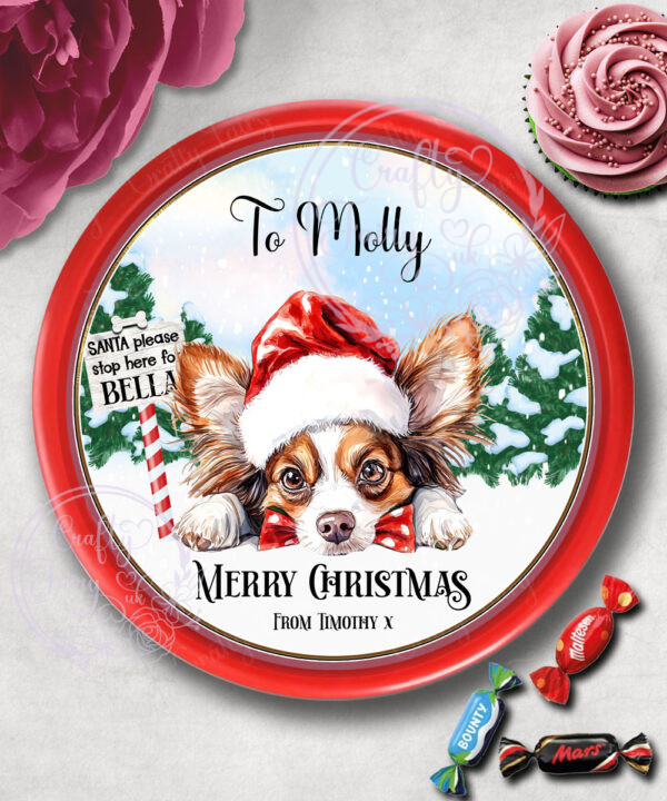 Personalised Dog in Santa Hat Christmas Chocolate Tub LABEL ONLY